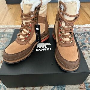 Sorel Tan and Red Winter Boots